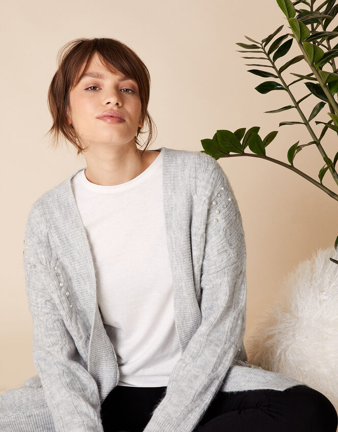 Embellished Cable Knit Cardigan, Grey (GREY MARL), large