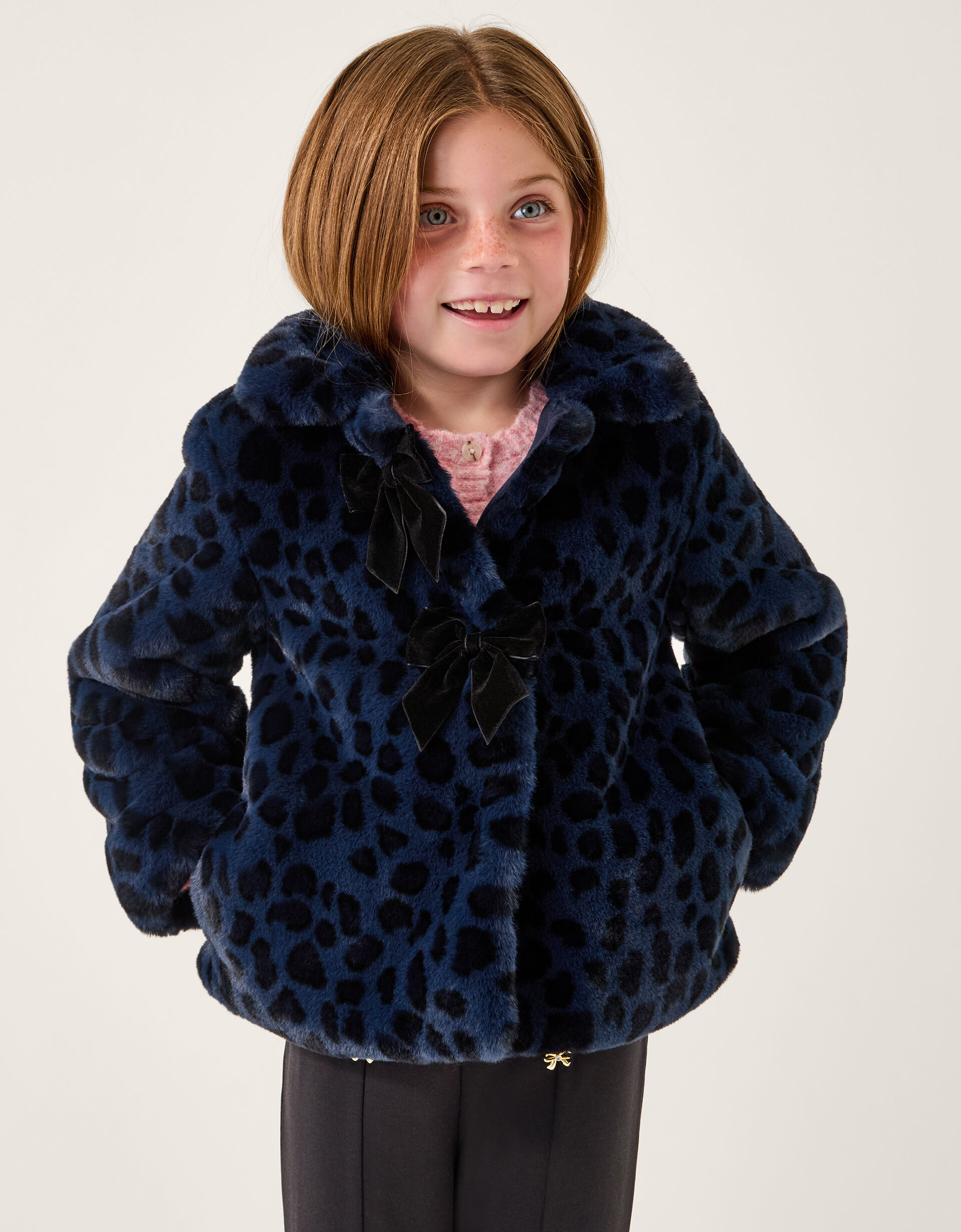 Animal Print Faux Fur Bow Coat Blue