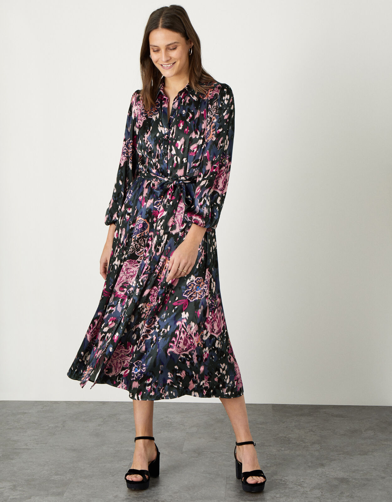 Satin Animal Print Shirt Dress Grey