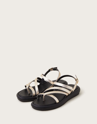 Leather Metallic Strappy Sandals, Gold (GOLD), large