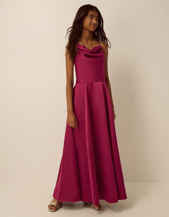 Cowl Neck Satin Prom Dress, Red (BURGUNDY), large