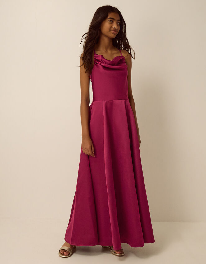 Cowl Neck Satin Prom Dress, Red (BURGUNDY), large