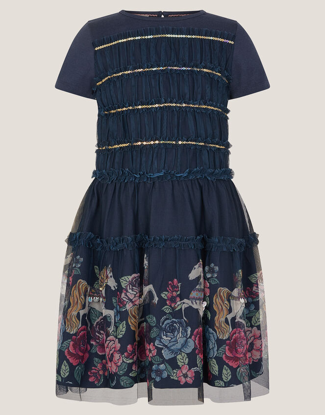 Unicorn Sequin Frill Dress, Blue (NAVY), large
