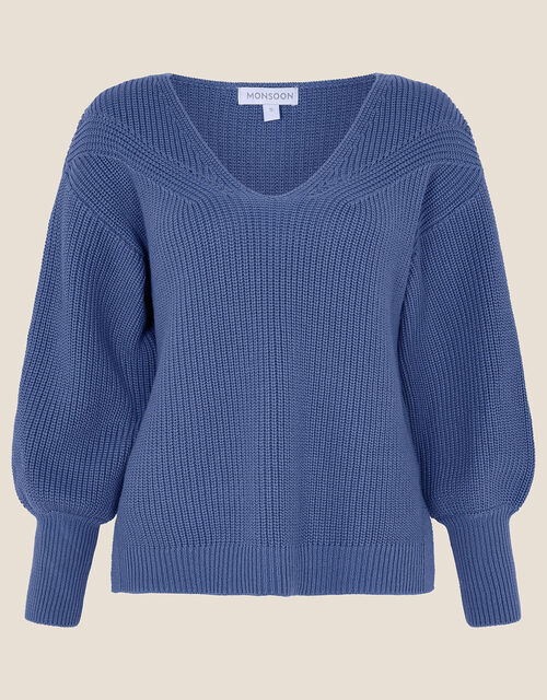 Ribbed V-Neck Jumper in Sustainable Cotton, Blue (BLUE), large