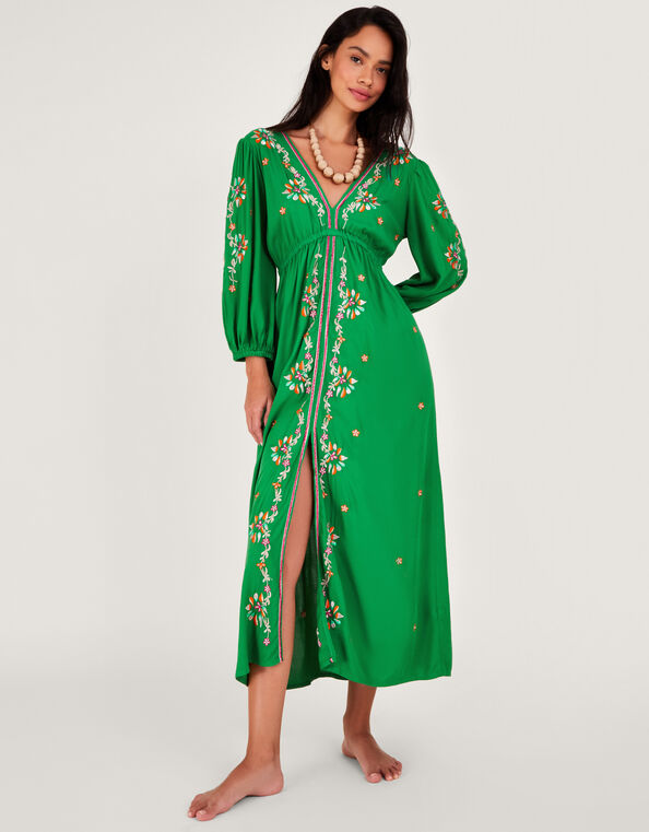 Embroidered Maxi Kaftan Dress in LENZING™ ECOVERO™, Green (GREEN), large