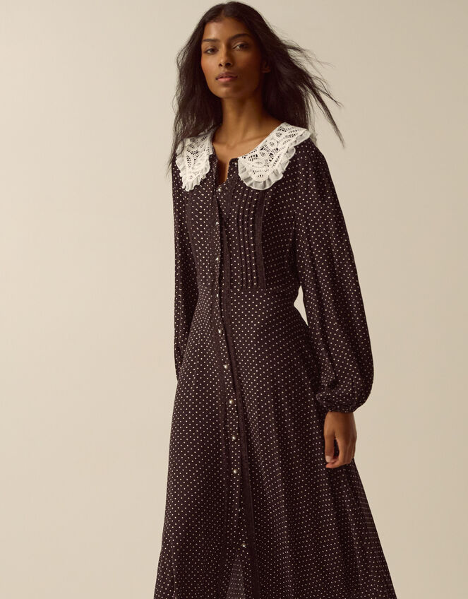 Shae Lace Collar Polka Dot Midi Dress, Brown (CHOCOLATE), large