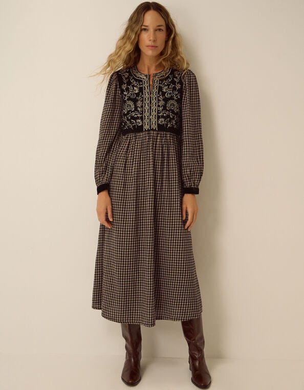 Elise Embroidered Check Print Midi Dress, Black (BLACK), large