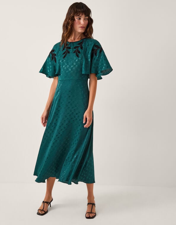 Bianca Embroidered Floral Cape Midi Dress, Green (GREEN), large