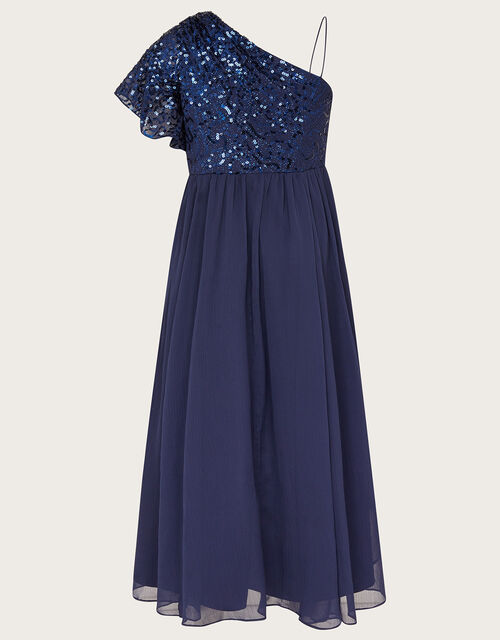 Mara One-Shoulder Flutter Sleeve Prom Dress, Blue (NAVY), large