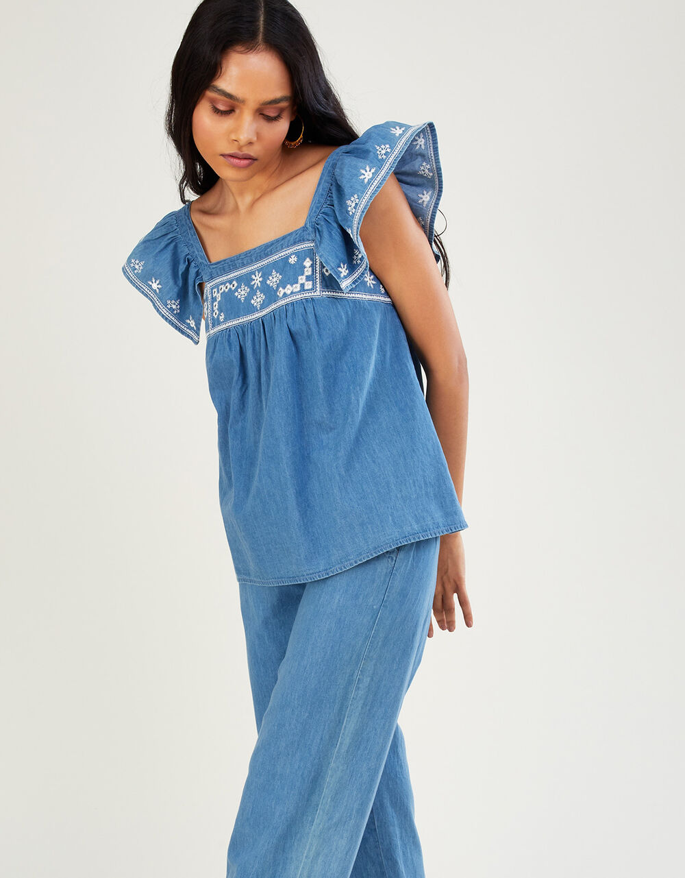 Women Women's Clothing | Embroidered Denim Top in Sustainable Cotton Blue - EI35104