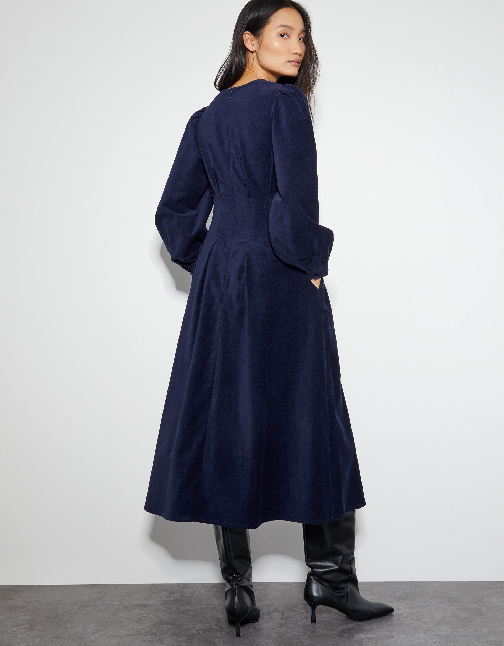 Eileen Seamed Velvet Dress Blue Day Dresses Monsoon UK