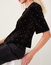 Emma Embellished Velvet Button Top, Black (BLACK), large