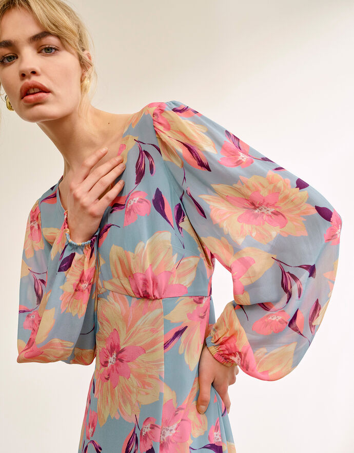 Lilith Floral Tie Neck Silk Maxi Dress in Blue