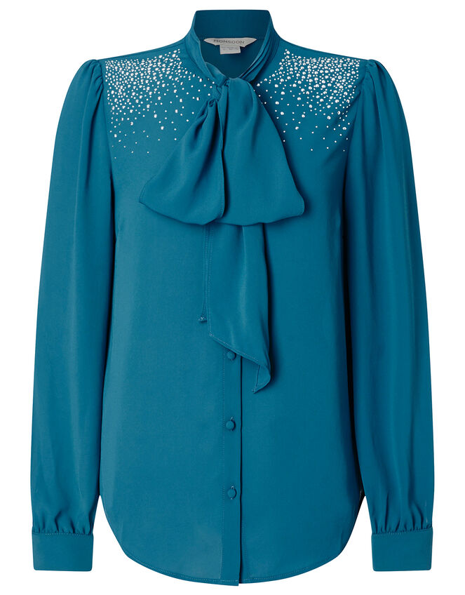 Holly Heat-Seal Gem Pussy-Bow Blouse, Teal (TEAL), large