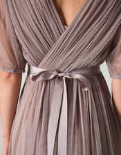 Ellie Sheer Sleeve Plunge Tulle Maxi Dress, Mink (MINK), large