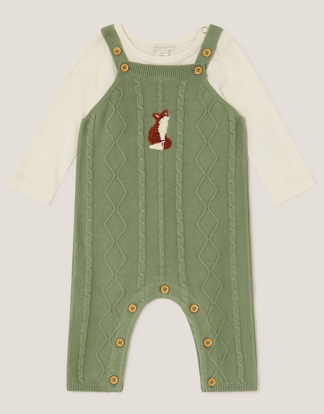Newborn Fox Cable Knit Dungarees Set, Green (GREEN), large
