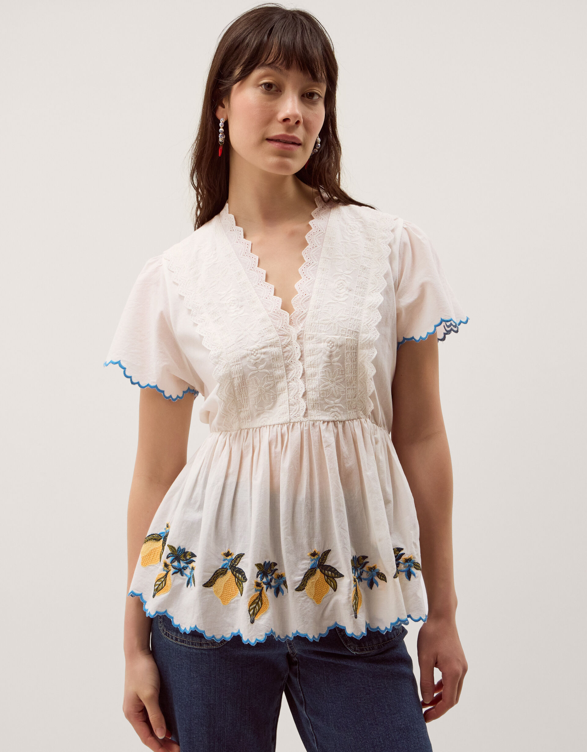 Luna Lemon Embroidered Jersey Top Ivory