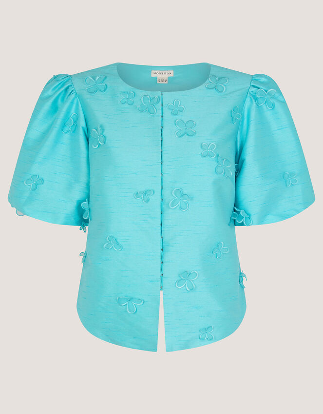 Odette Puff Sleeve Floral Appliqué Jacket Blue