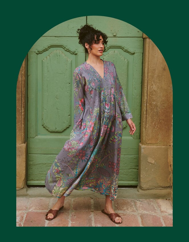 One Hundred Stars Boho Garden Print Midi Dress, Grey (GREY), large