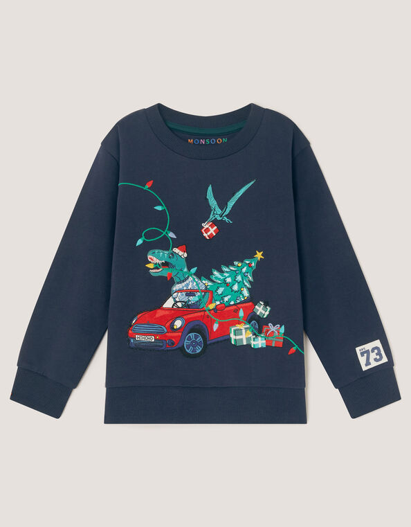 Dinosaur Print Christmas Jumper, Blue (NAVY), large