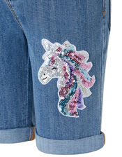 Elouise Sequin Unicorn Denim Shorts, Blue (BLUE), large