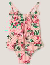 Baby Strawberry Print Scallop Trim Swimsuit, Pink (PINK), large