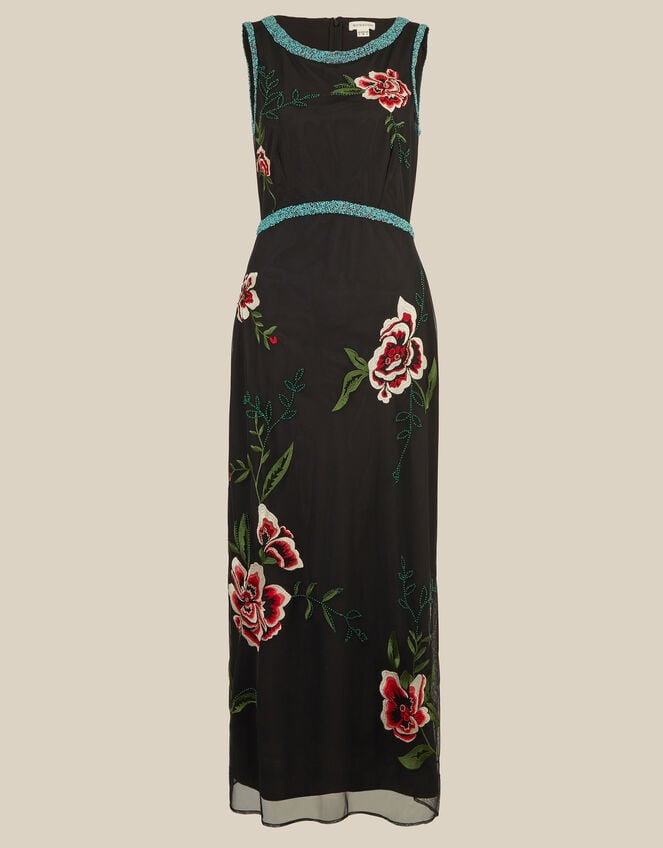 Luna Sleeveless Floral Embellished Mesh Midi Dress, Black (BLACK), large