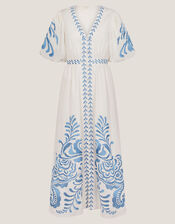 Maria Embroidered Puff Sleeve Midi Dress, White (WHITE), large