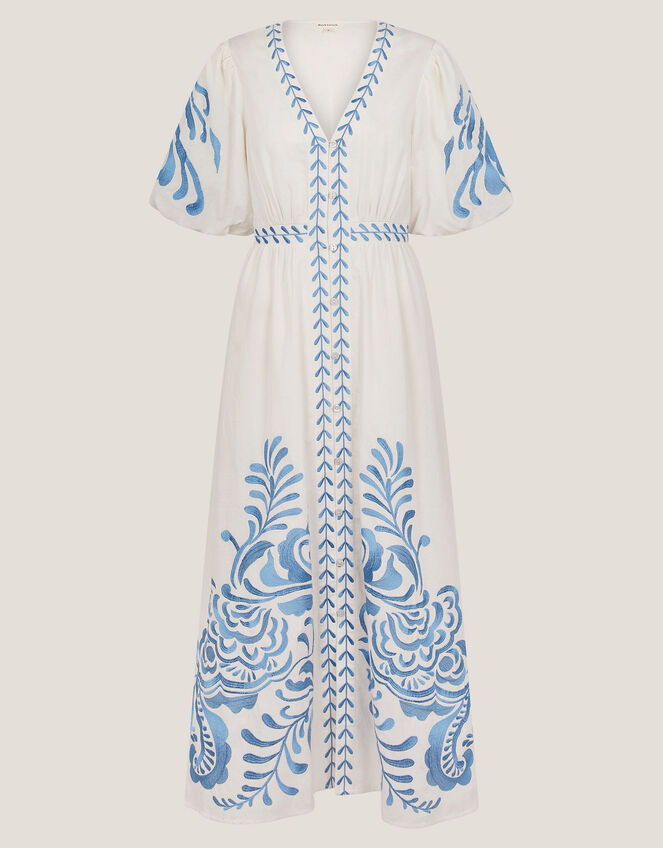 Maria Embroidered Puff Sleeve Midi Dress, White (WHITE), large