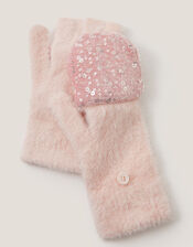 Fuzzy Sequin Capped Gloves, Pink (PINK), large