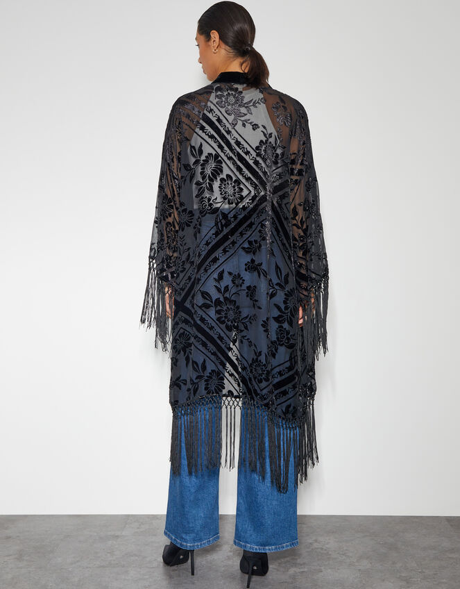 Darcy Fringe Floral Devore Kimono, Black (BLACK), large