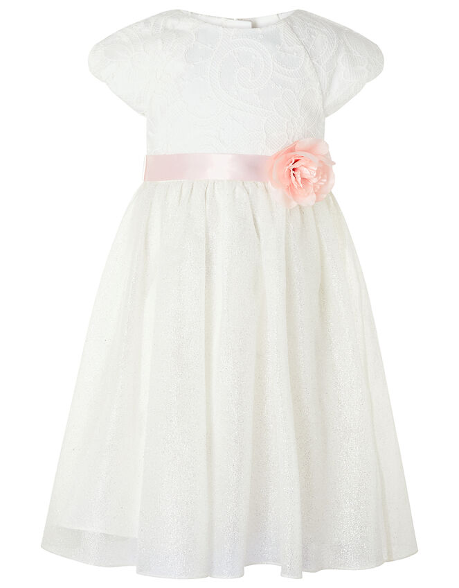Melody Sparkle Dress with 3D Flower Belt, Ivory (IVORY), large