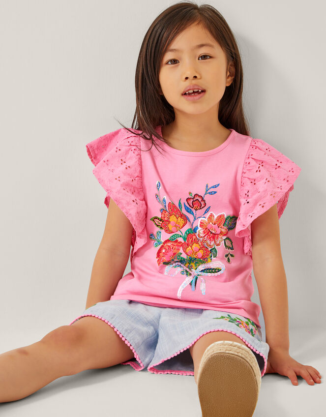 Floral Bouquet Broderie Frill Top, Pink (PINK), large