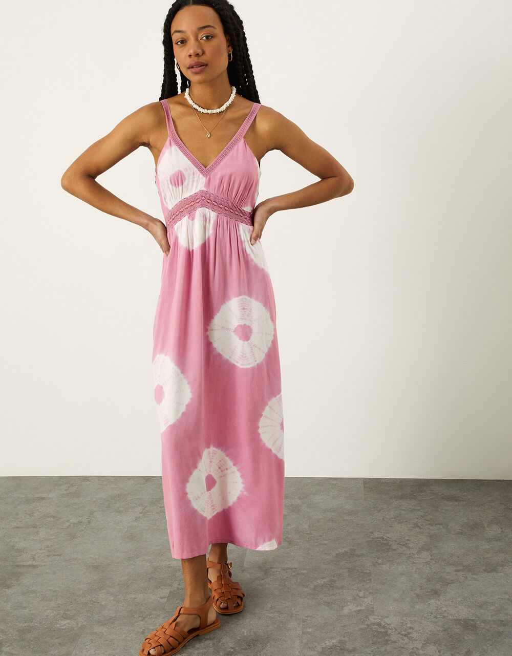 Women Dresses | Batik Tie Dye Lace Trim Midi Dress Pink - AB85916