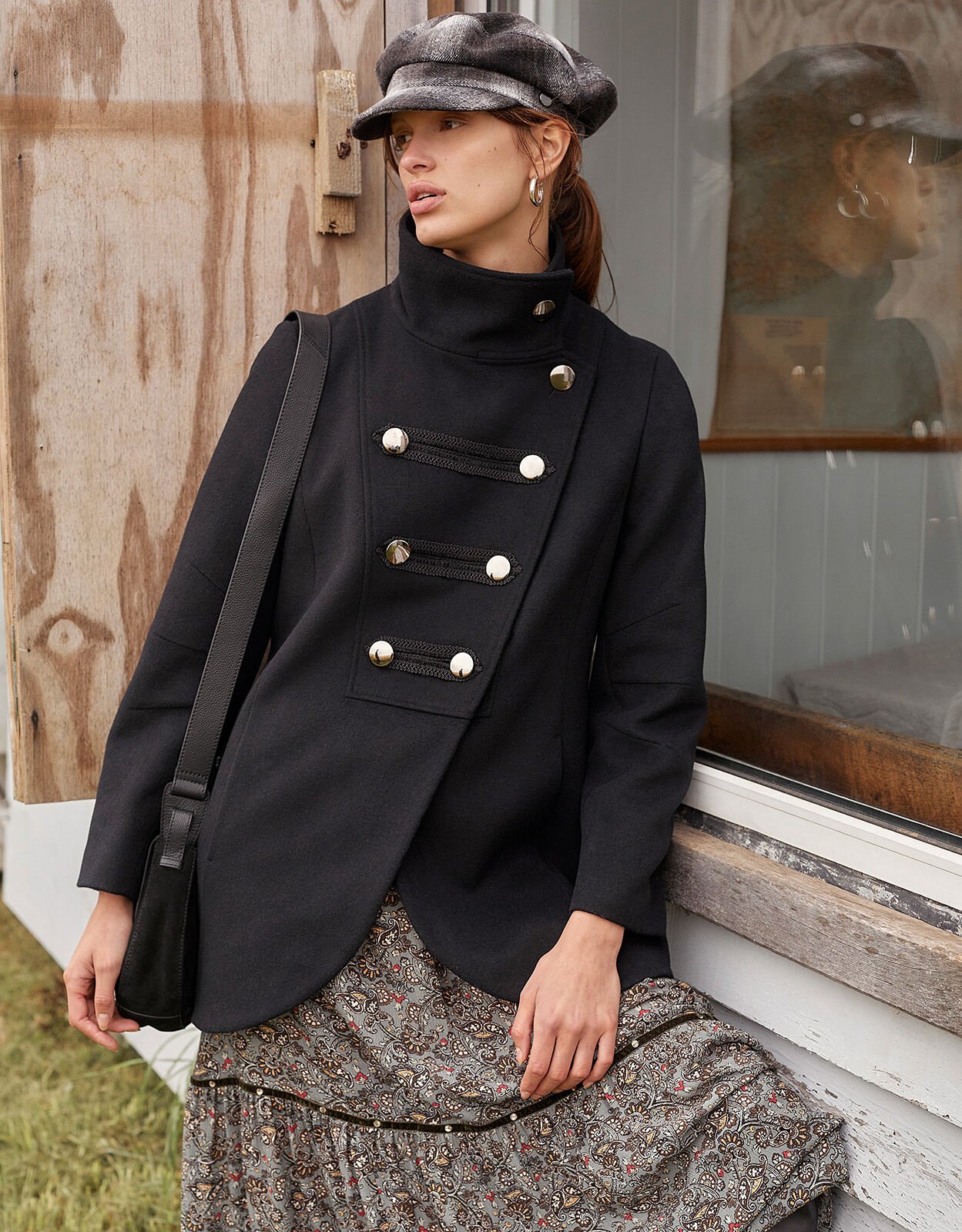 Lizzie Military Peacoat in Wool Blend Black