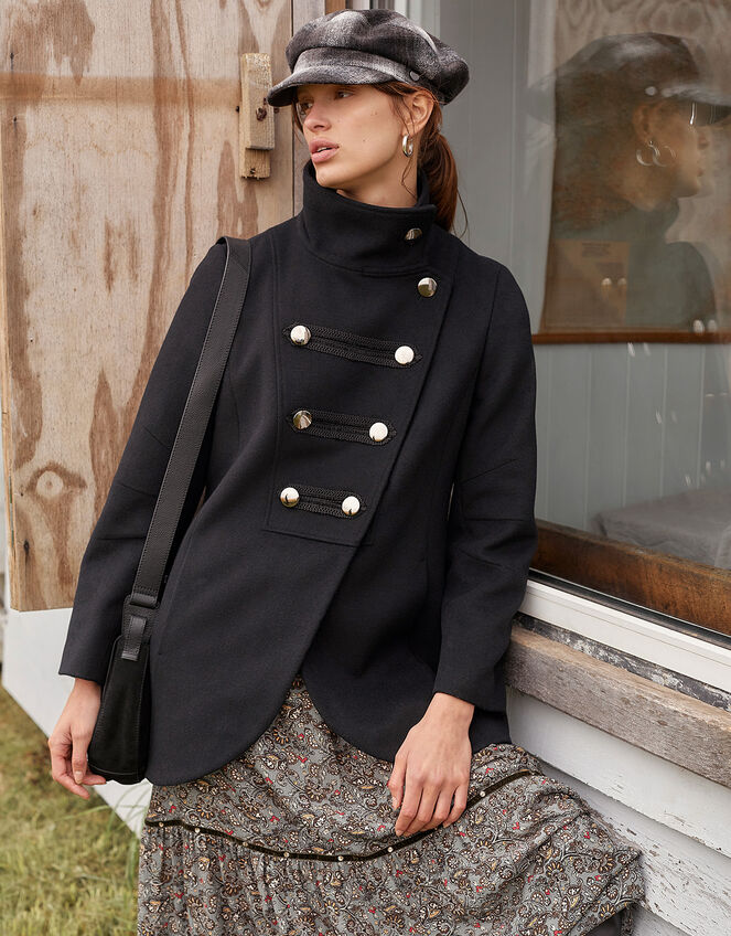 Lizzie Military Peacoat in Wool Blend, Black (BLACK), large