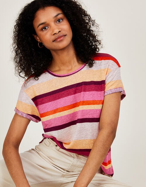 Linen Stripe Scoop Neck T-Shirt, Multi (MULTI), large