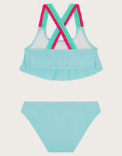 Cross Strap Frilly Bikini Set, Blue (TURQUOISE), large