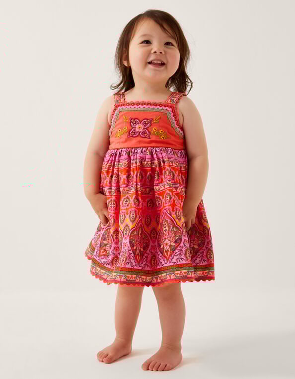 Baby Embroidered Floral Print Dress, Orange (ORANGE), large