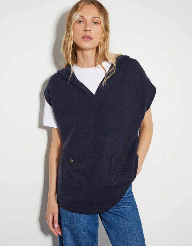 Sleeveless Knitted Hoodie, Blue (NAVY), large
