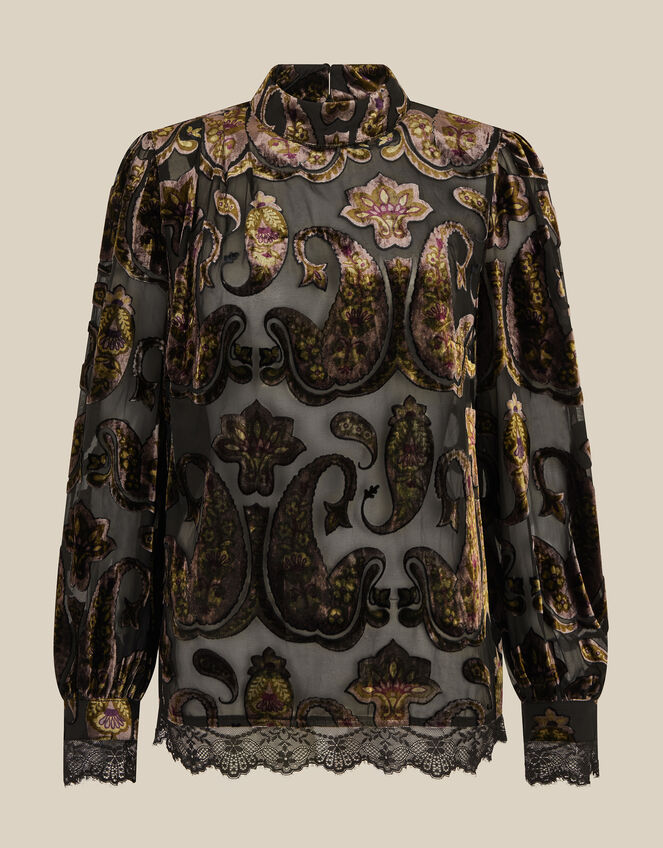 Jaz High Neck Paisley Devor&eacute; Top, Green (OLIVE), large