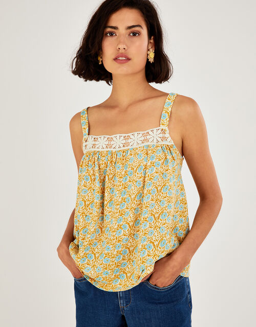 Ditsy Crochet Trim Cami Top, Yellow (OCHRE), large