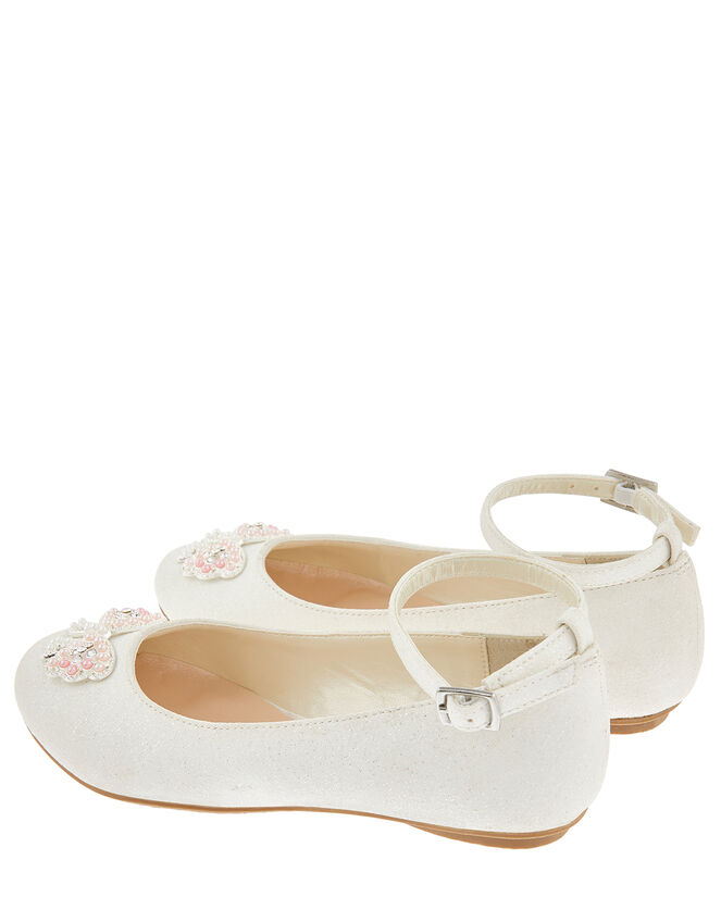Kylie Crystal Bow Shimmer Ballerina Shoes, Ivory (IVORY), large