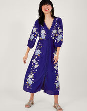 Olla Floral Embroidered Tea Dress in Sustainable Viscose, Blue (BLUE), large