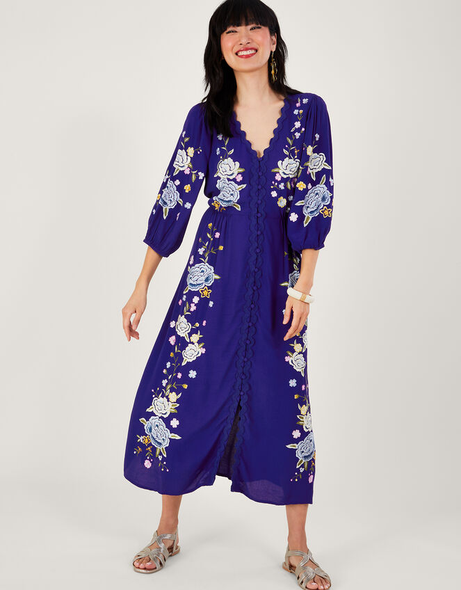Olla Floral Embroidered Tea Dress in Sustainable Viscose, Blue (BLUE), large