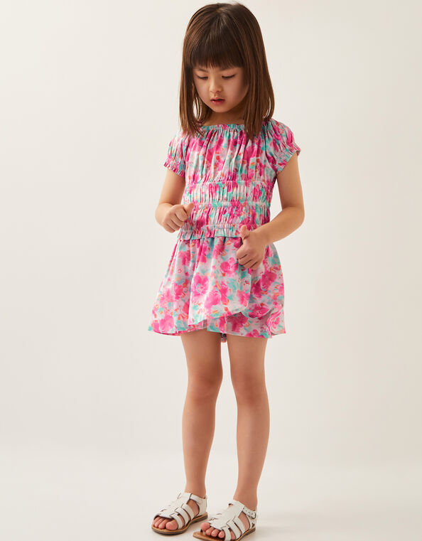 Tropical Floral Shirred Top and Skort Set, Pink (PINK), large