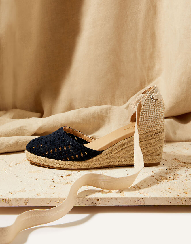 Cut-Out Detail Tie Up Espadrille Wedges, Blue (NAVY), large