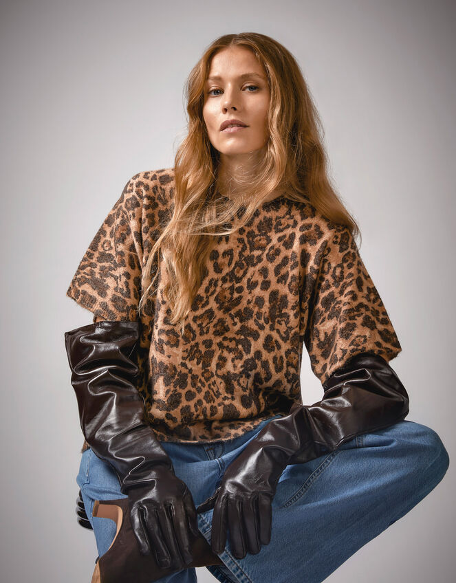 Amy Leopard Print Short Sleeve Jumper, Brown (BROWN), large