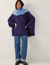 Fay Fringe Trim Poncho , Blue (NAVY), large