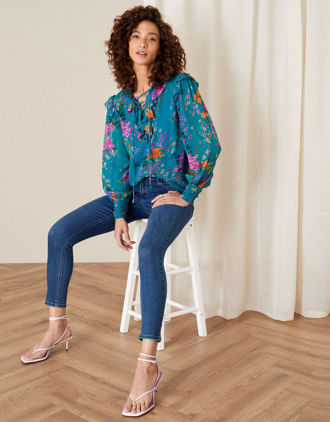 Omi Floral Frill Blouse, Blue (BLUE), large